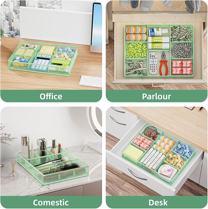 Marbrasse Desk Drawer Organizer, Metal Mesh Drawer Organizer Tray with 5 Adjustable Compartments,Desk Organizers and Accessories for Home,Office,Kitchen,Makeup,Vanity (Green) - Image 4