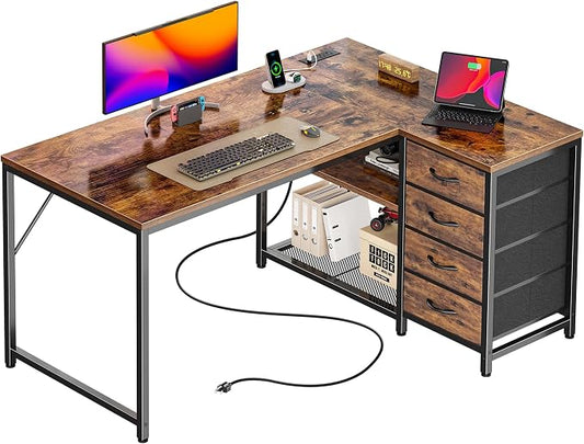 PRAISUN 43.3" Small Computer Desk with Power Outlets & USB-C Port, Reversible L Shaped Corner Office Desk with 4 Fabric Drawers and 2 Adjustable Storage Shelves, for Gaming Writing, Rustic Brown by PRAISUN