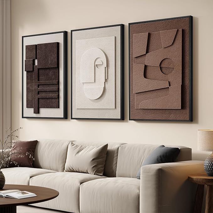 3D Textured Framed Neutral Abstract Wall Art for Bedroom, 3 Piece Modern Artwork for Walls, Minimalist White and Brown Geometric Wall Paintings for Living Room, Dining Room, Lounge Wall Decor 16x24 In - Image 2