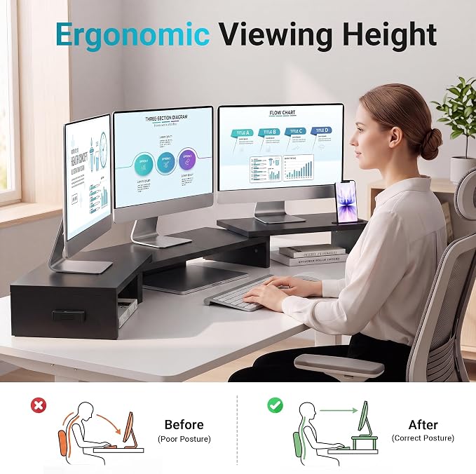 BONTEC Triple Monitor Stand Riser with Smartphone Holder, Black | Adjustable Length & Swivel Angle, Ergonomic Wooden Desktop Organizer for PC Monitor, Laptop, Printer, Large Storage, 53.3 in - Image 2