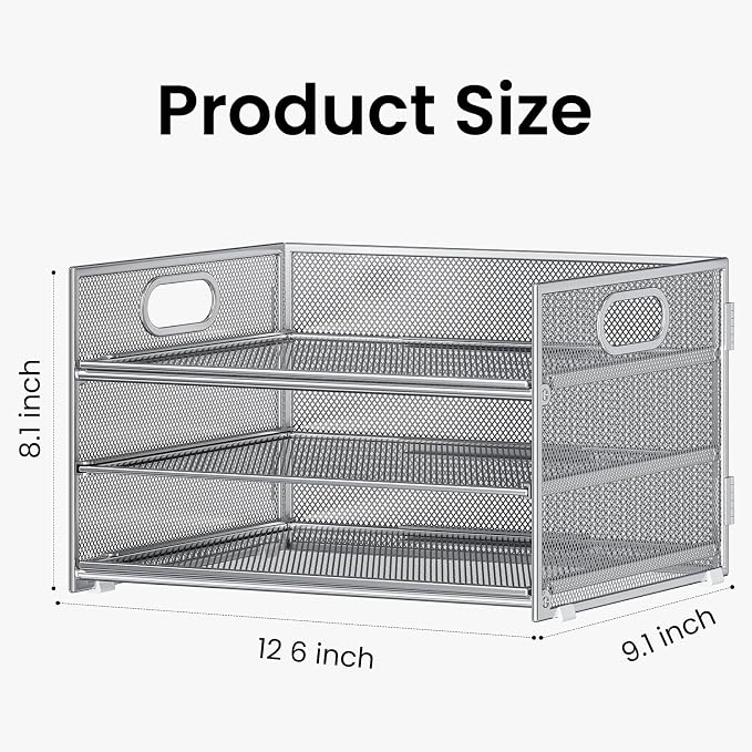 Subekyu 2-Pack 3-Tier Silver Metal Mesh Desk Paper Letter Tray & File Sorter Organizer with Handle + 1 Sliding Tray for Desk, Home, Office, School Supplies, A4 Paper and Accessories Storage - Image 5