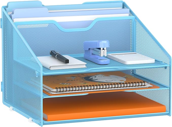 GAWERK Letter Tray Organizer, Mesh Desk File Organizer with 3 Paper Trays and 2 Vertical Upright Section (Blue) by Gawerk
