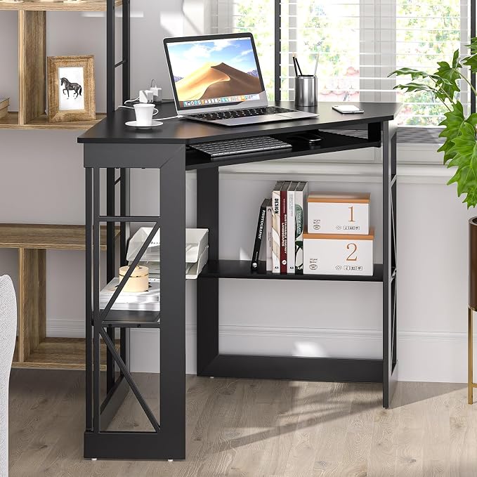 VECELO Corner Desk, Triangle Computer Desk for Small Space with Charging Station and Keyboard Tray, Corner Makeup Table with Storage Shelves for Home Office Bedroom, 41x30, Balck - Image 5
