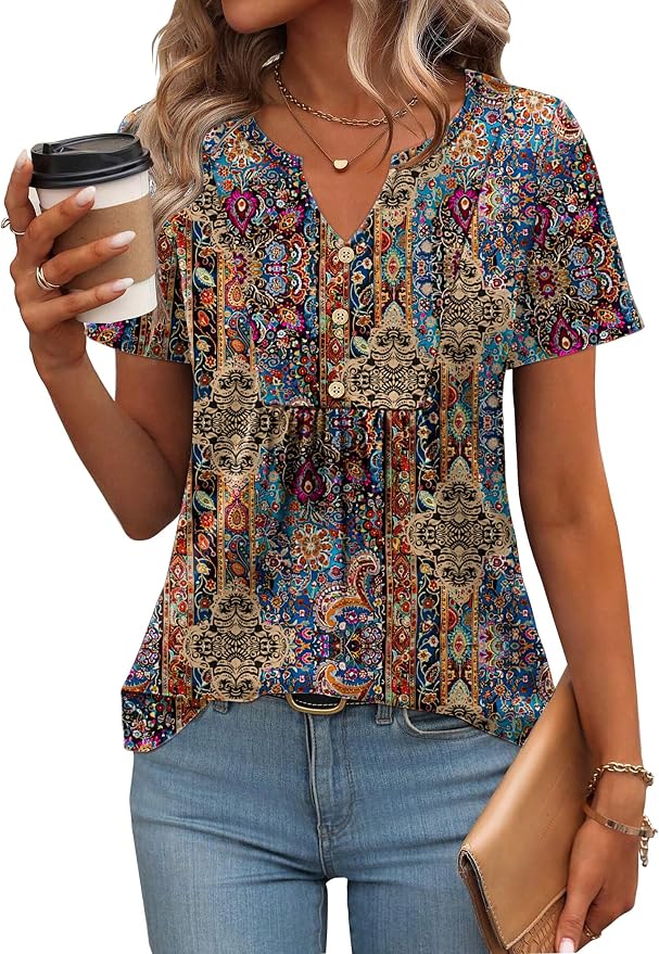 Zeagoo Womens Short Sleeve Tops Summer Henley V-Neck Tshirts Casual Pleated Blouse Dressy Loose Floral Basic Tee - Image 2