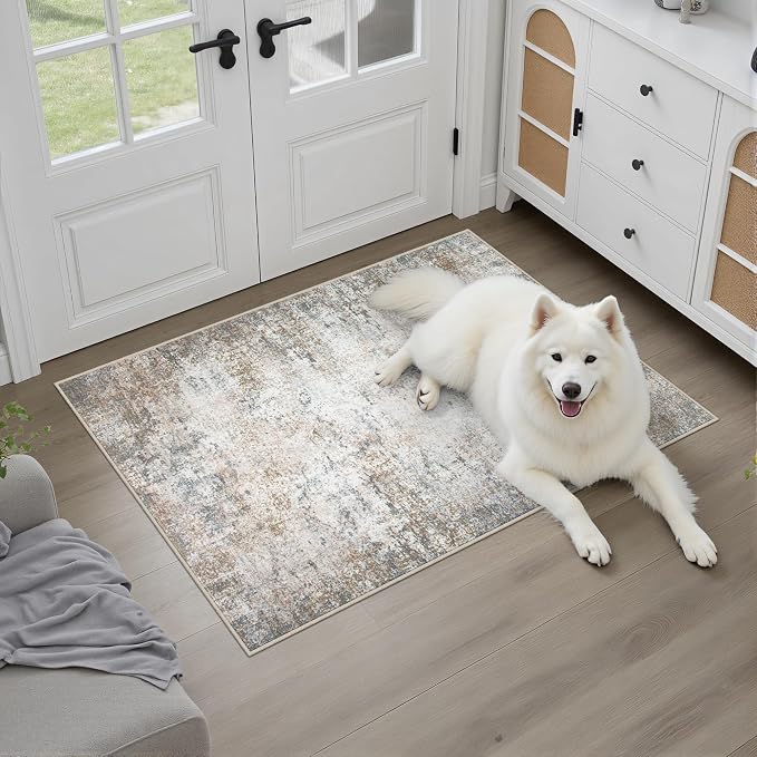 Washable Area Rug 2x3 Entryway Rug: Washable Modern Abstract Soft Thin Rug Indoor Floor No Slip Stain Resistant Carpet for Bedroom Dining Room Farmhouse Nursery Home Office - Brown Grey - Image 2