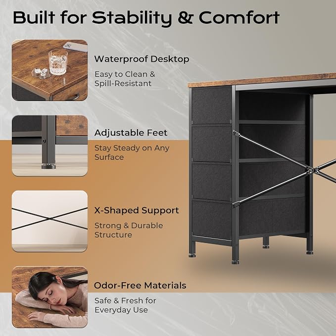 Huuger 55 Inch L Shaped Desk with Fabric Drawers, Reversible Computer Gaming Desk with Power Outlets and USB-C Port, Adjustable Side Storage Shelves, for Work Corner Home Office, Rustic Brown - Image 9