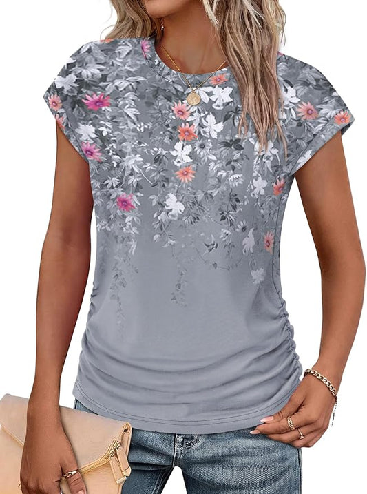 Sampeel Womens Summer Tops Trendy 2026 Ruched Cap Short Sleeve Tshirts Shirts Crew Neck T Shirts Fashion by SAMPEEL