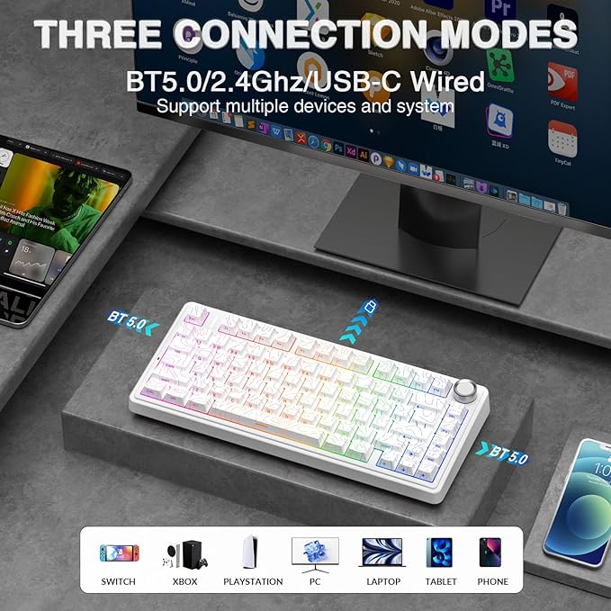 AULA F75 Pro Wireless Mechanical Keyboard with Knob,75% Hot Swappable Custom Gaming Keyboards,RGB Backlit,Pre-lubed Switches,Side Printed PBT Keycaps Creamy Sounding Computer Keyboard, Line White - Image 3