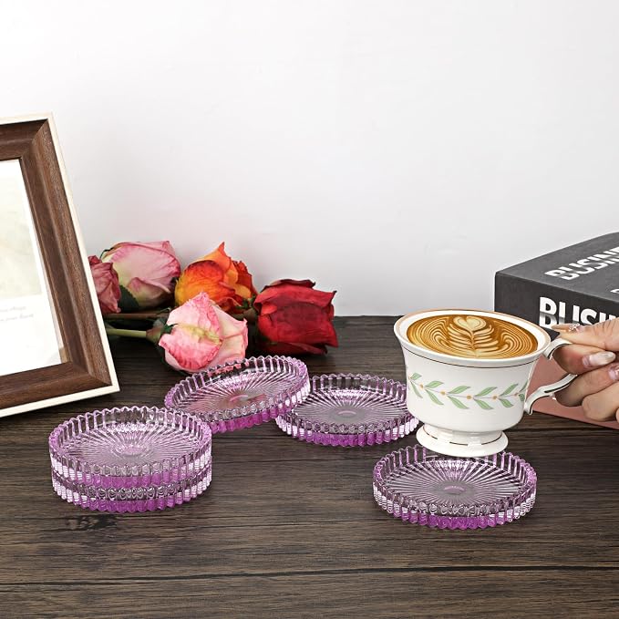 Modern Clear Coaster Set of 5- Glass Coasters for Drinks Crystal Coaster Round Cup Coasters Coffee Table Decor for Office, Kitchen, Bar, Dining Room, Living Room, Patio(Clear Purple) - Image 2