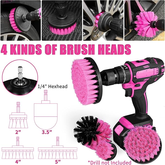 20PCS Car Cleaning Kit, Pink Car Interior Detailing Kit with Drill Brush Set, Windshield Cleaning Tool, Detailing Brushes, Wire Brushes, Cleaning Gel, Complete Cleaning Supplies for Women - Image 3