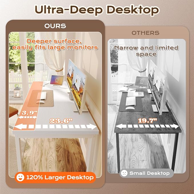Huuger 55 x 24 inch Desk with Power Outlets & USB-C, Deeper & Thicker Desktop, Robust Metal Tubes, Computer Desk, Heavy Duty Office Desk, Work Gaming Desk for Home Office, White - Image 7