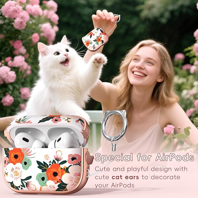 for AirPods Pro 2 Case with Cleaning Kit, Cute Cat Ear Print Design & Cute Buckle for Girls, Phone Holder & Top Safe Lock Buckle Design for AirPods Pro 2nd/1st Gen case, Rose Gold Flower - Image 3