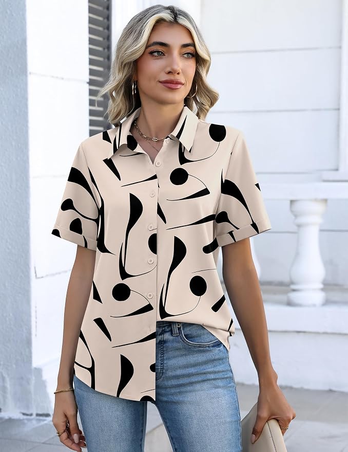 Zeagoo Button Down Shirts for Women Short Sleeve Collared Tops Dressy Casual V Neck Blouses - Image 4