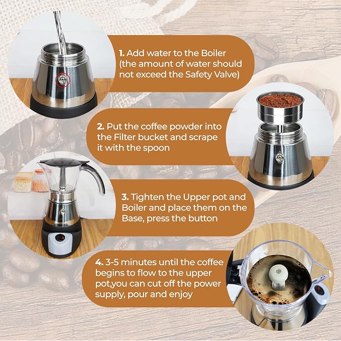 Electric Plastic Clear Moka Pot 3-6 Cup 150-300ml Mocha Pot | Stainless Steel Espresso Maker with Detachable Base Ideal Coffee Maker for Home Italian and Cuban Café Coffeemaker Black - Image 4
