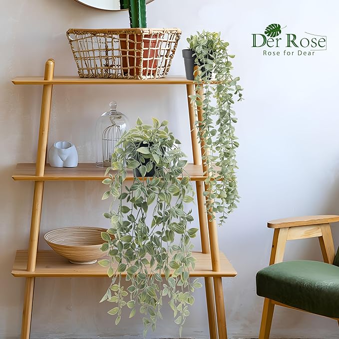 Der Rose 2Pcs Fake Plants Hanging Artificial Decor Faux Potted Eucalyptus and Pea Pod Plants for Boho Bathroom Home Office Desk Wall Shelf Bookcase Accessories Decor Indoor - Image 2