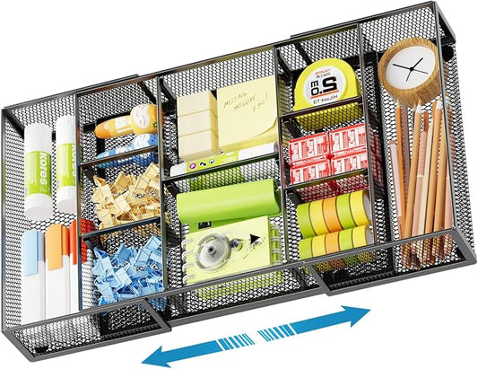 Marbrasse Expandable Desk Drawer Organizer, Mesh Drawer Organizer Tray with 10 Adjustable Compartments, Desk Organizers and Accessories for Office Supplies (Longer Expandable Drawer Organizer-B) by Marbrasse