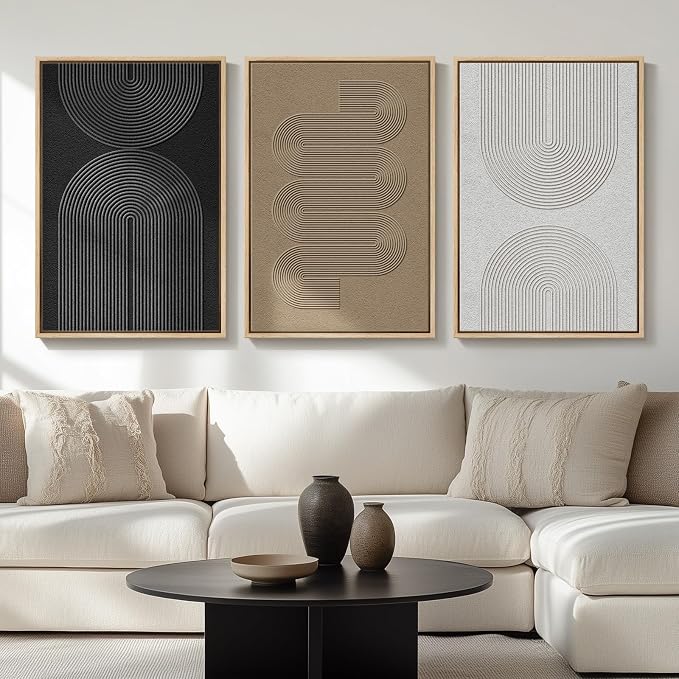 Large Framed Boho Modern Neutral Abstract Wall Art for Living Room, 3 Piece Black and White Canvas Prints Paintings Artwork for Walls, Geometric Pictures for Office Bedroom Dining Room Decor, 24x36 In by Cuspin