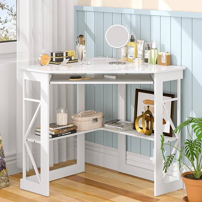 VECELO Corner Desk, Triangle Computer Desk for Small Space with Charging Station and Keyboard Tray, Corner Makeup Table with Storage Shelves for Home Office Bedroom, 41x30, White - Image 2