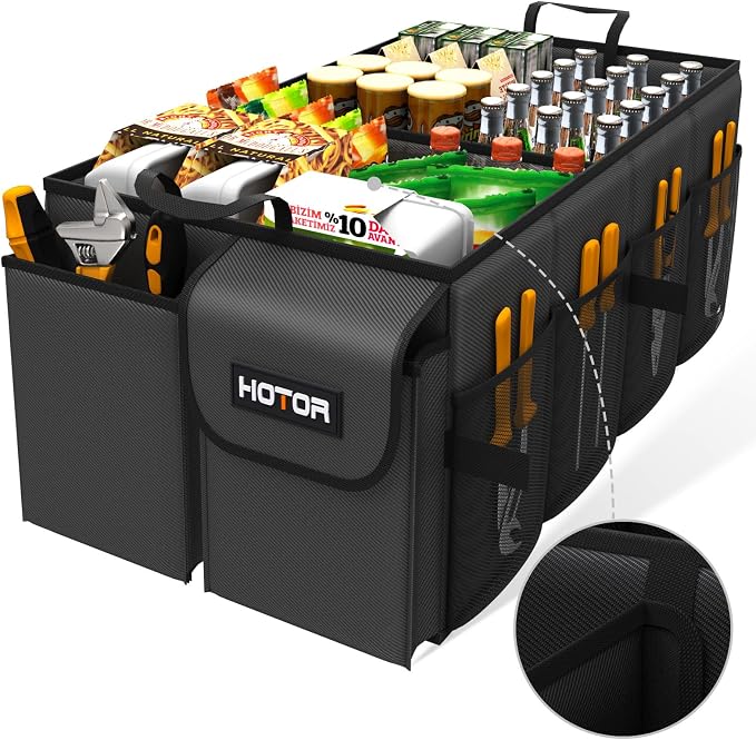 HOTOR Trunk Organizer - Car Organizer, Foldable Trunk organizer for SUVs & Sedans, Sturdy Car Organization for Car Accessories, Tools, Sundries, Black, 4 Compartments, 23.2"×16.0"×11.6" - Image 2