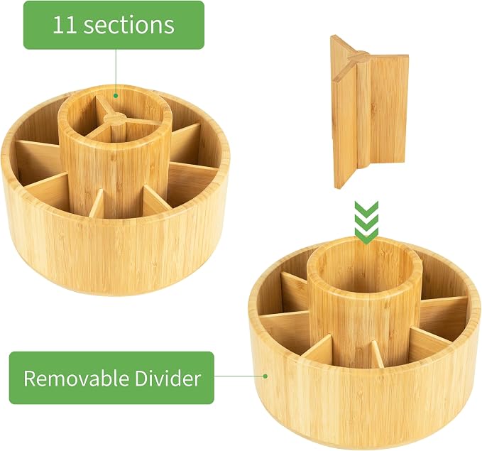 Utoplike Large Bamboo Rotating Pencil Holder, 360° Colored Pen Organizer | Spinning Art Supply Desk Caddy with Raised Center, 11-Compartment Desktop Storage for Pens, Markers and Office Supplies - Image 7
