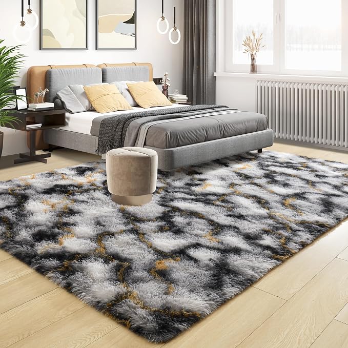 Tepook Soft Fluffy Rugs for Living Room, 5x8 Shaggy Area Rug for Bedroom, Modern Shag Rug Fuzzy Carpets for Kids, Plush Indoor Nursery Home Decor Rug with Non-Slip Bottom, White Black Gold - Image 2