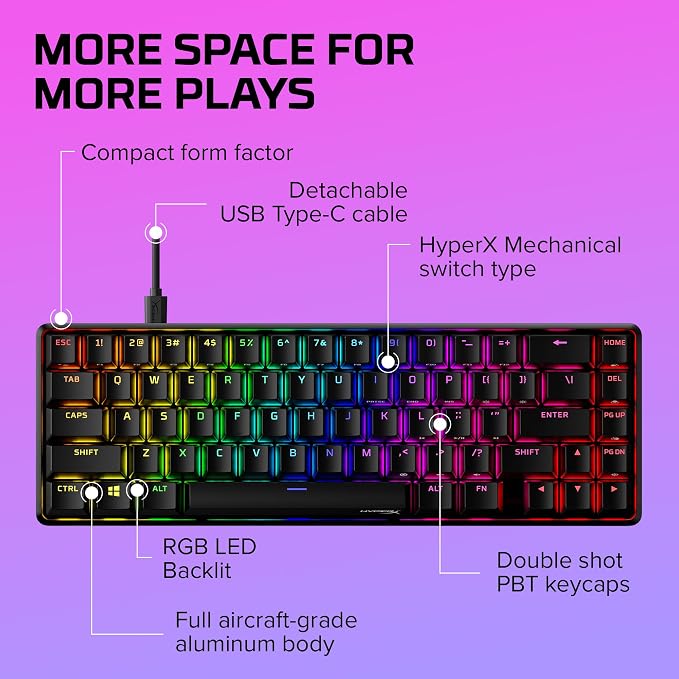 HyperX Alloy Origins 65 - Mechanical Gaming Keyboard – Compact 65% Form Factor - Linear Red Switch - Double Shot PBT Keycaps - RGB LED Backlit - NGENUITY Software Compatible,Black - Image 8