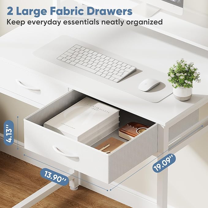 DUMOS 31-Inch Computer Desk with Drawers and Monitor Stand, White | Small Writing Desk for Home Office with Headphone Hook, Compact Study Table for Bedroom - Image 4