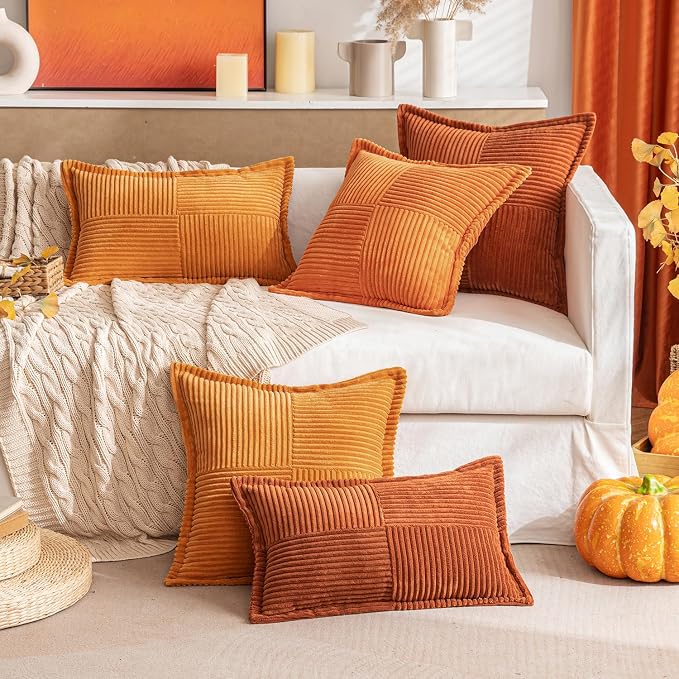 MIULEE Fall Rust Decorative Lumbar Throw Pillow Covers for Couch Bed Livingroom 12x20 Inch Set of 2 Boho Accent Throw Pllows Broadside Striped Patchwork Soft Corduroy Pillowcases, Terracotta - Image 8