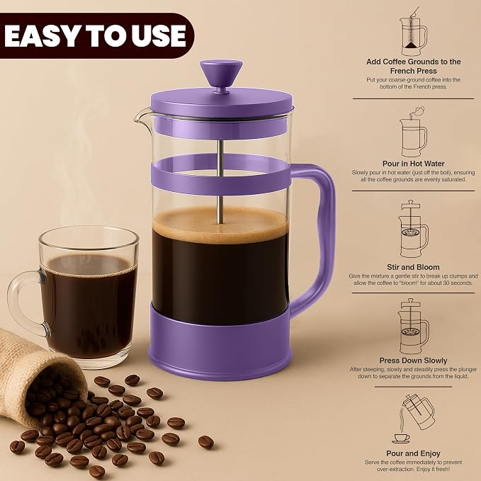 Utopia Kitchen Borosilicate Glass French Press Coffee Maker 34 Oz, Plum | Heat-Resistant Cafetiere & Tea Maker, Thickened Glass Coffee Press for Travel and Camping - Image 3