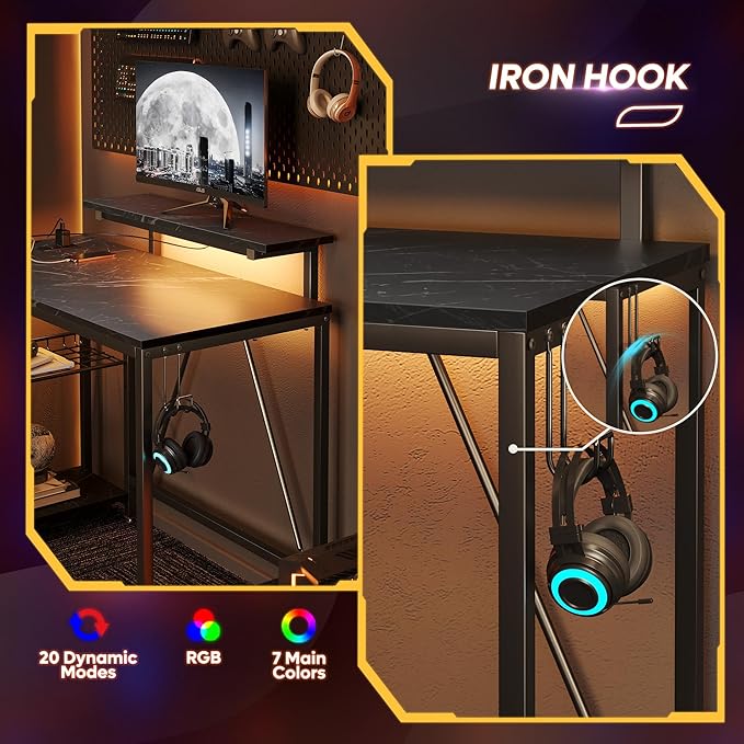 Bestier 42-Inch L-Shaped Gaming Desk with Charging & LED, Marble Black | Charging 2AC+USB+Type-C, RGB LED 7 Colors/20 Modes, Reversible Shelves, 3D Carbon Fiber, Headphone Hook, Small Space - Image 5