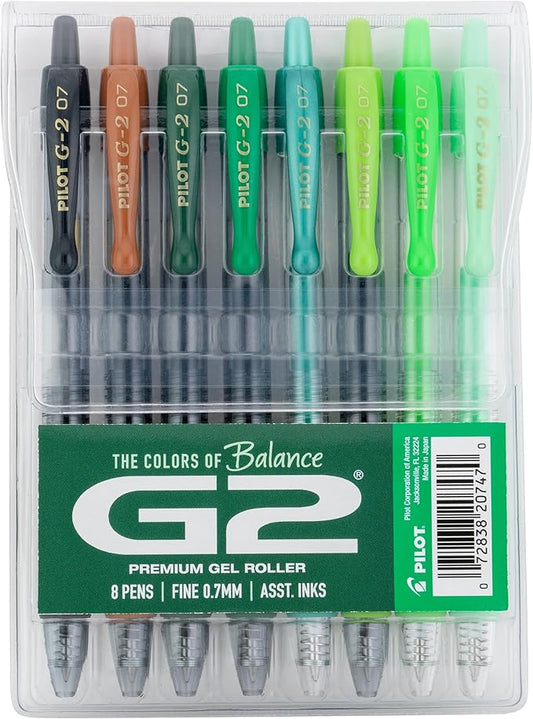 Pilot G2 Premium Gel Roller Pens, G2 Boost Green Pens Pack, The Colors of Balance, 8 Pack Pouch, Fine Point 0.7 mm, Assorted by PilotCorporationofAmerica