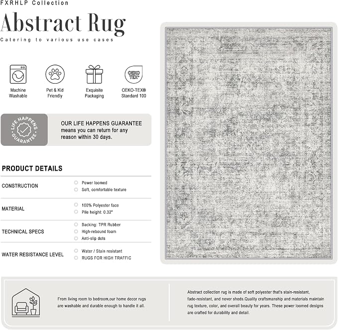 4x6 Area Rug Living Room Rug: Washable Modern Abstract Soft Thin Rug Indoor Floor No Slip Carpet for Bedroom Dining Room Farmhouse Nursery Home Office - Retro Black Grey - Image 3