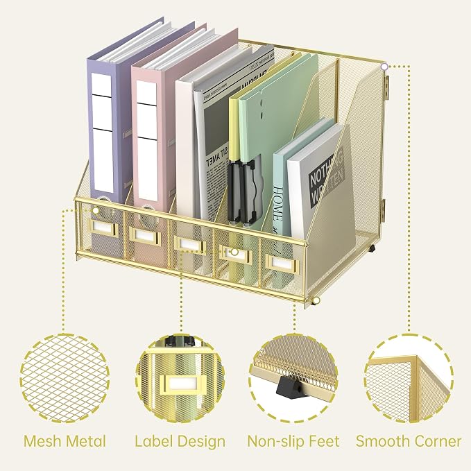 SUPEASY Desk Organizers Metal Desk Magazine File Holder with 5 Vertical Compartments Rack File Organizer for Office Desktop, Home Workspace, Gold Plus - Image 4