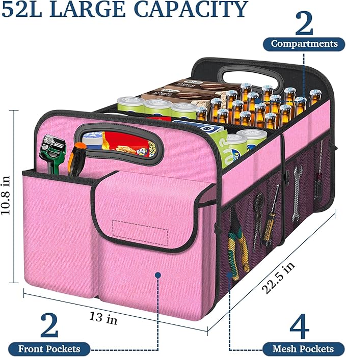 Femuar Car Trunk Organizer, Car Storage Organizer with Large Capacity Waterproof Collapsible Trunk Organizer for Car Suv/Jeep/Sedan (Pink, Standard) - Image 2