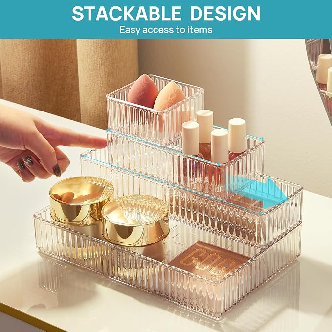 Vtopmart 7 PCS Clear Makeup Drawer Organizers Bins, 4-Size Stackable Makeup and Vanity Organizer Trays, Acrylic Bathroom Storage Containers for Cosmetic, Toiletries, Office Supply, Utensils, Gadgets - Image 2