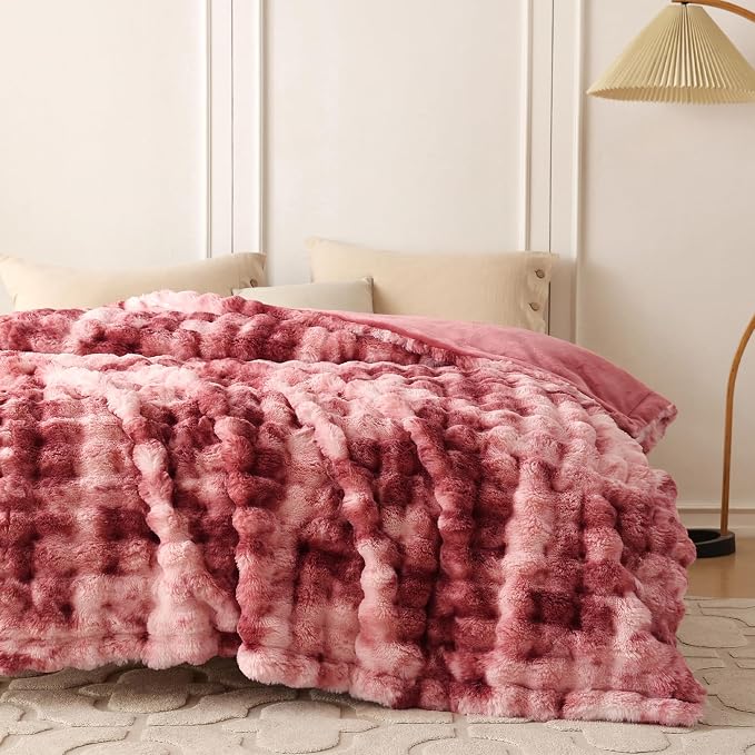 COOVA Faux Fur Throw Blanket for Couch, Cozy Soft and Fuzzy Plush Rabbit Fur Bubble Blanket for Sofa Bedroom Living Room, 50x60 Inches Tie Dye Magenta - Image 4