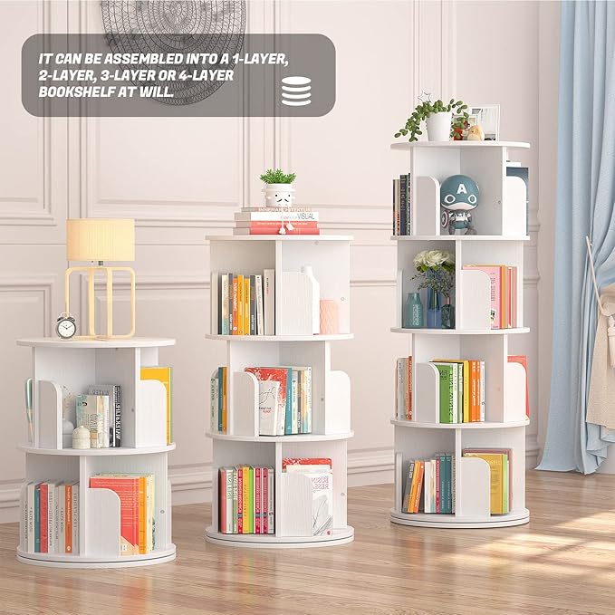 Aheaplus Rotating Bookshelf, Small Corner Bookshelf for Small Space, 360 Display 4 Tier Floor Standing Bookcase Storage Rack, Wood Narrow Book Shelf Organizer for Bedroom, Living Room, White - Image 5