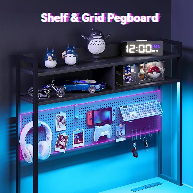 Apicizon L Shaped Gaming Desk 53" with Hutch, LED Light and Drawer | Carbon Fiber Surface, Storage Shelves, Pegboard with Hooks, PC Tower Stand, USB Charging Port, Home Office, Bedroom - Image 4