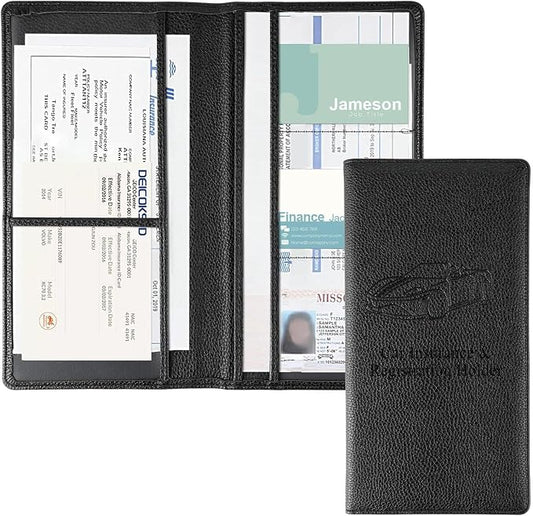 JUSTTOP 1Pack Car Registration and Insurance Holder,Car Document Holder for Cards License with Magnetic Shut,Vehicle Glove Box Car Organizer for Documents, Cards, License(Embossed leather Black) by JUSTTOP