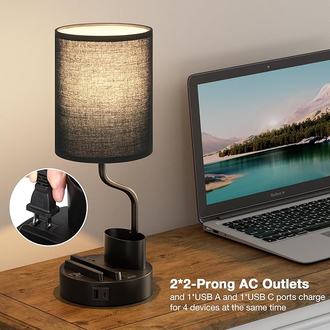 Fenmzee Bedside Lamps for Bedroom Set of 2 - Table Desk Lamp for Nightstand | 15" Table Lamp for Living Room with Pen Holder & Phone Stand, USB A+C Port, AC Outlet, 3 Color Temperature, LED Bulb Included - Image 3