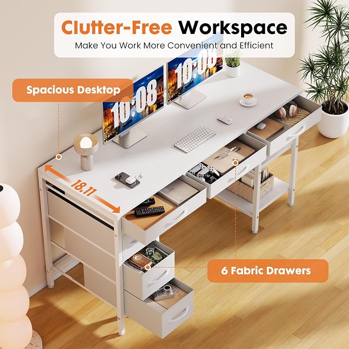 Sweetcrispy 55" Computer Desk with 6 Fabric Drawers & Storage Shelves | Reversible Gaming Desk, Office Desk, Computer Workstation, Corner Desk with Storag, Home Office, Living Room, White - Image 6
