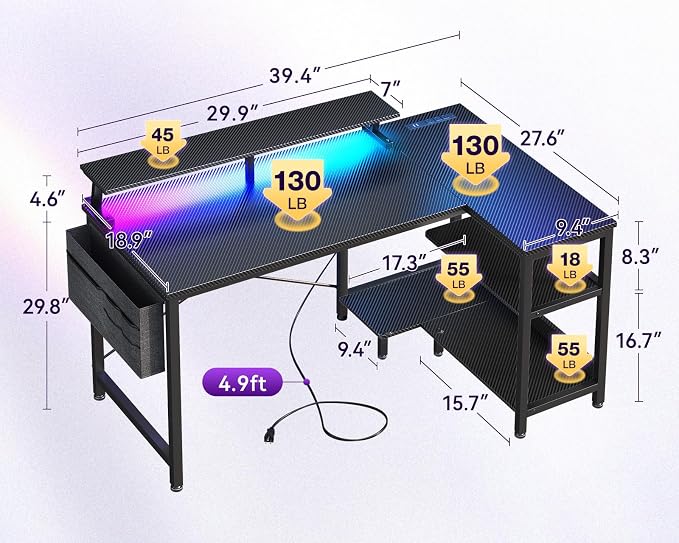 ODK 40 Inch L Shaped Gaming Desk with LED Lights, Power Outlets, Black | Adjustable Monitor Stand, Open Storage Shelves, Hanging Side Bag, PC Tower Stand, Reversible Layout for Gaming - Image 3