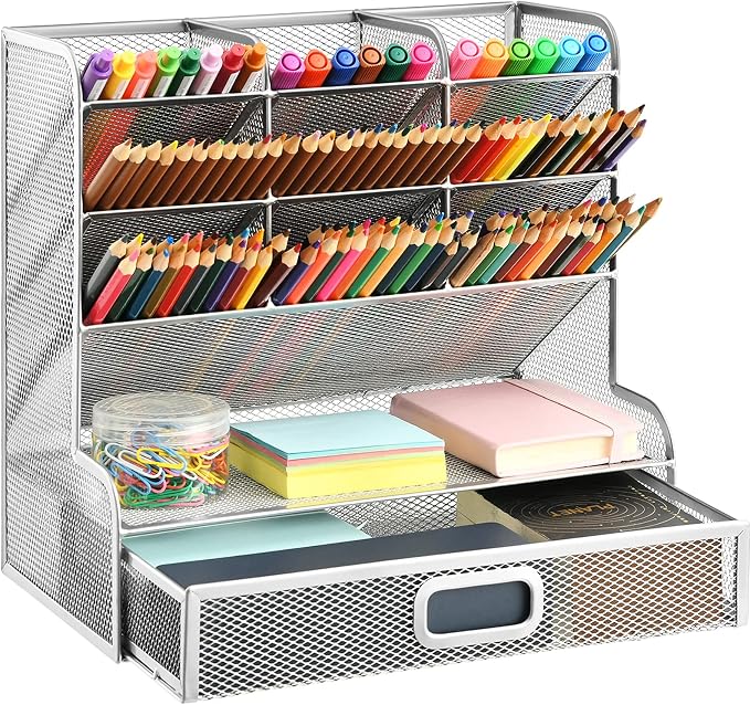 Marbrasse Larger Mesh Desk Organizer with Drawer, Multi-Functional Pen Pencil Holder, Desk Organizers and Accessories for Office Art Supplies (Silver Mesh Pen Holder with Drawer) by Marbrasse