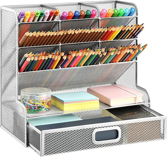 Marbrasse Larger Mesh Desk Organizer with Drawer, Multi-Functional Pen Pencil Holder, Desk Organizers and Accessories for Office Art Supplies (Silver Mesh Pen Holder with Drawer) by Marbrasse