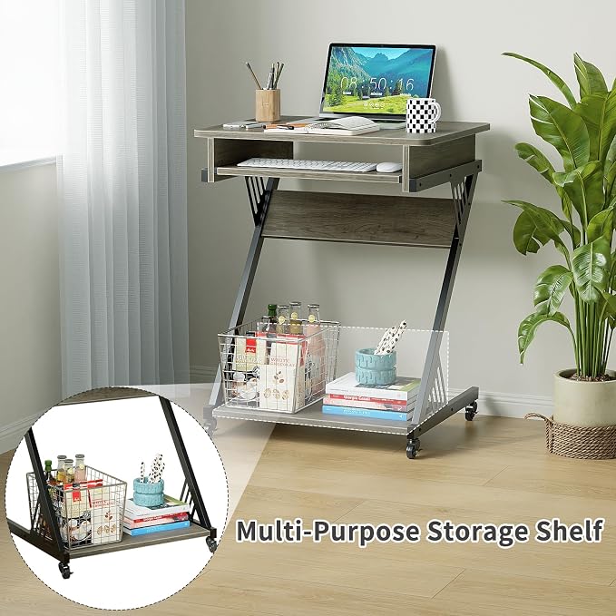 ALISENED Computer Desk for Small Spaces Compact Desk with Keyboard Tray | 23.6" Z-Shaped, with Wheels and Bottom Shelves, for Home Office, Computer Cart Mobile Laptop Cart, Grey - Image 5