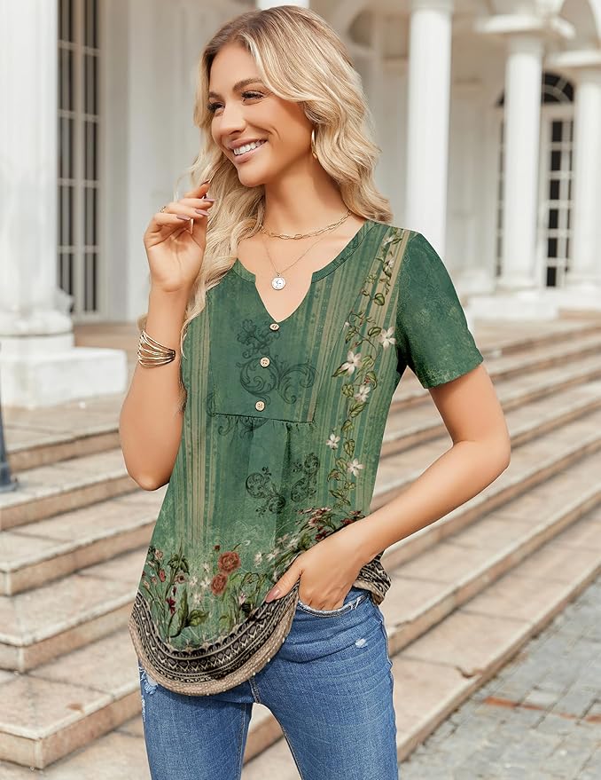 Zeagoo Womens Short Sleeve Tops Summer Henley V-Neck Tshirts Casual Pleated Blouse Dressy Loose Floral Basic Tee - Image 4