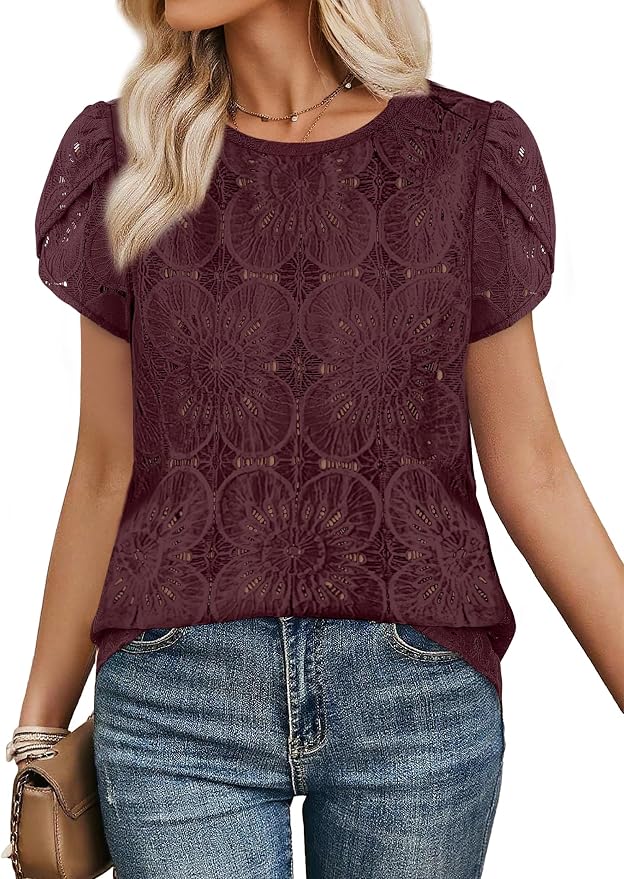 OFEEFAN Blouses for Women Dressy Casual Petal Short Sleeve Shirts Crochet Lace Boho Tops Spring Fashion Summer Outfits - Image 2