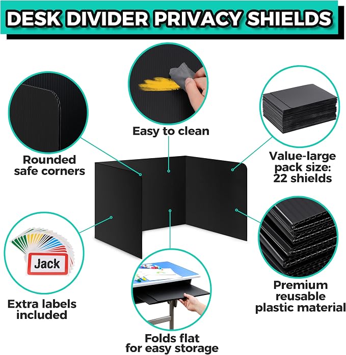 22-Pack Desk Dividers for Students - Durable & Waterproof Plastic Study Carrel Divider, Classroom Folders Teacher Supplies, Easy-to-Clean Plastic Privacy Shield Folder Boards for Student Desks, Black - Image 3