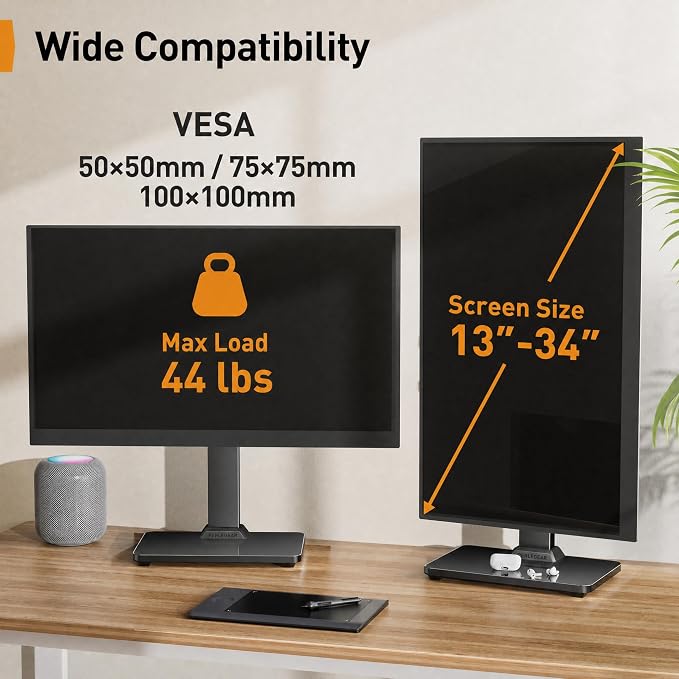 Perlegear Single Monitor Stand for 13–34 inch Screens up to 44 lbs | Heavy-duty steel, swivel, tool-free tilt, 360° rotation, 5 height settings, cable management, max VESA 100x100mm, home office - Image 2