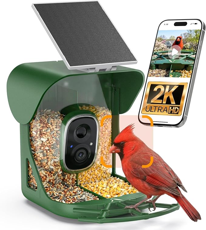 Smart Bird Feeder with Camera, AI Identify Birds Species, 2K HD Color Night Vision, IP65 Waterproof Solar Powered Bird Feeder with 142° Wide Angle, Auto Capture & Real-Time Notifications, Ideal Gift by WLNYUGS